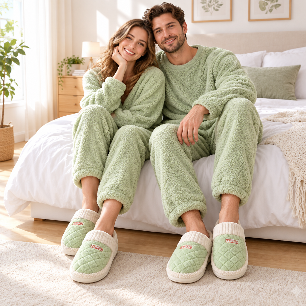 A couple wearing matching light sage green plush pajama sets sits on a bed in a bright bedroom. They are also wearing quilted slip-on slippers with white ribbed cuffs and toes.