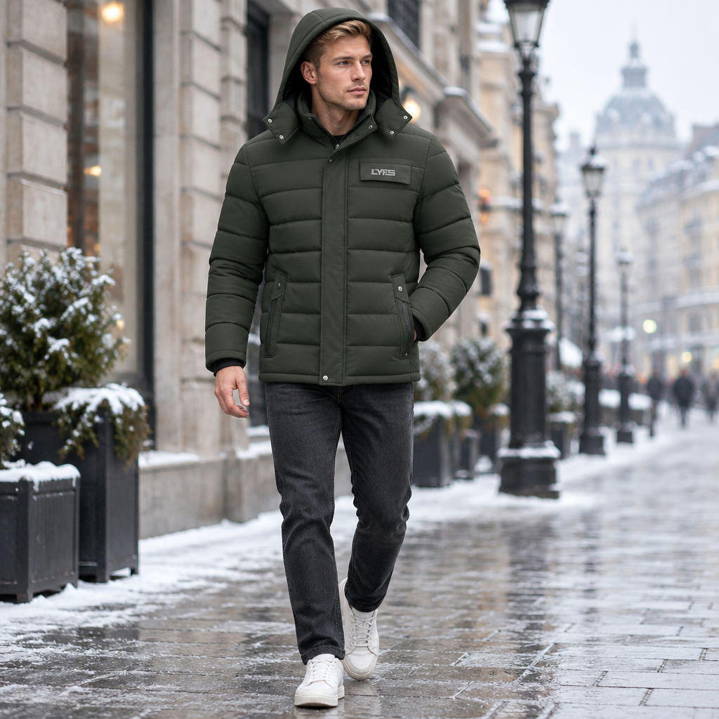 A man wearing a dark olive green hooded puffer jacket with a visible LVVR logo patch on the chest, walking on a snowy city street.