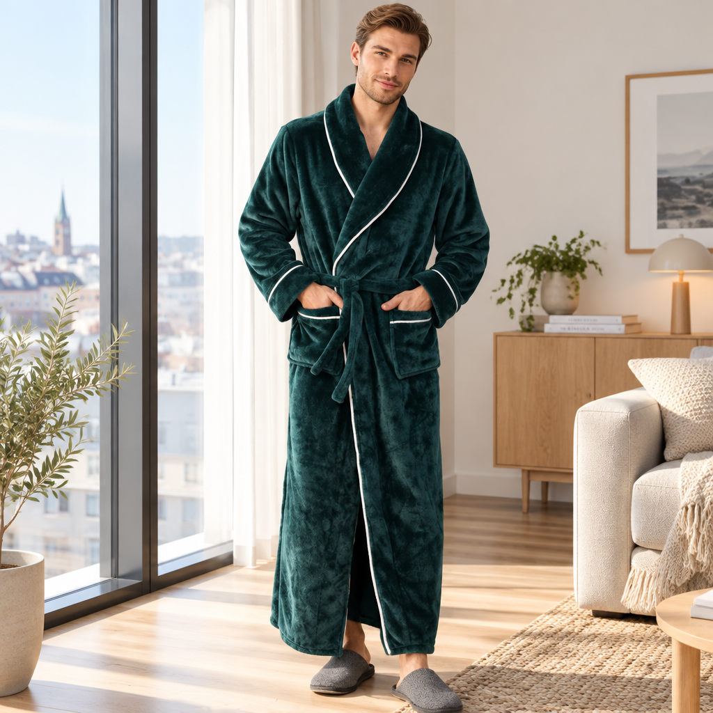 Men's Cozy Flannel Robe - Plush Coral Fleece for Ultimate Home Comfort