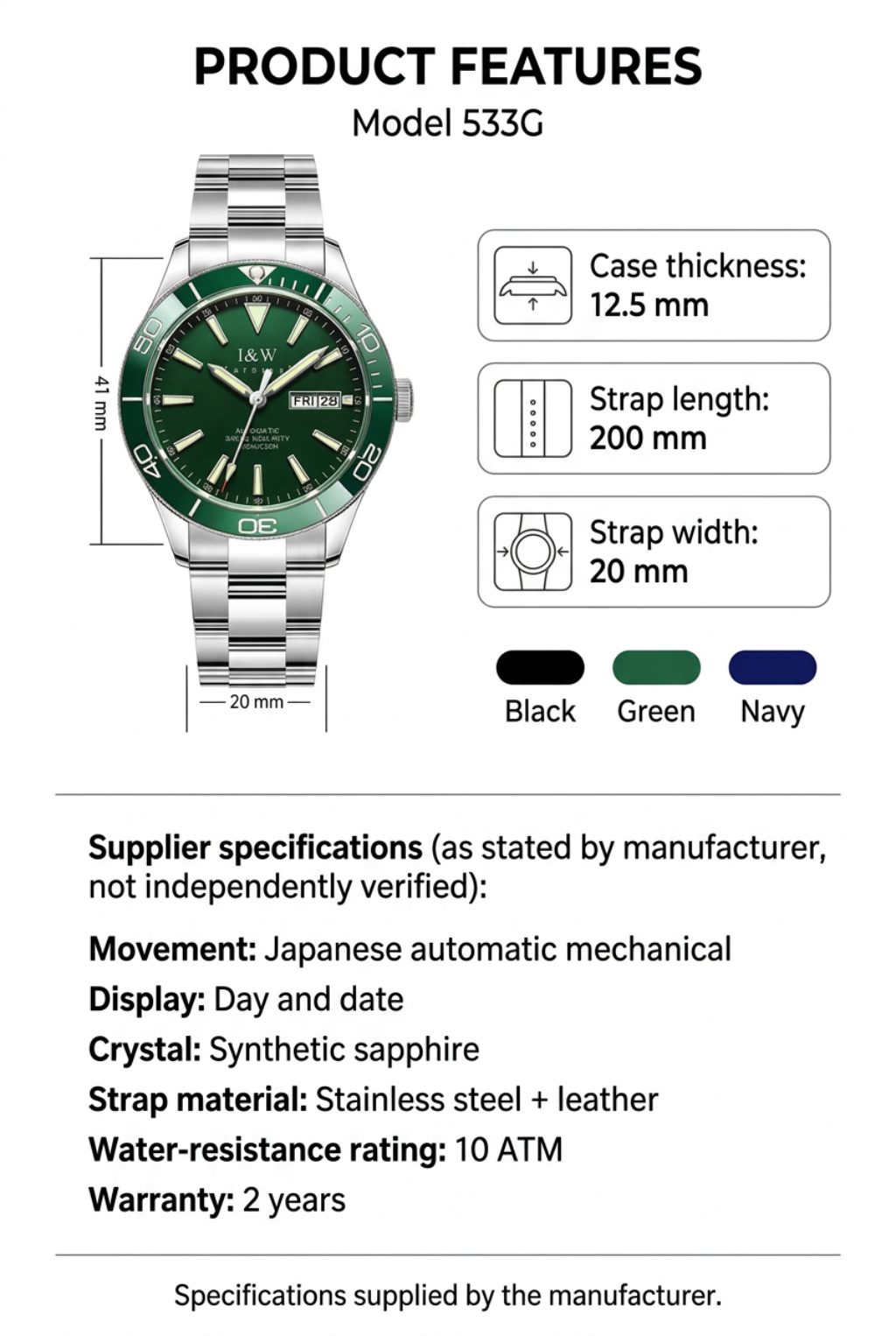 I&W Swiss Luxury Men's Automatic Diver Watch - 100m Waterproof Green