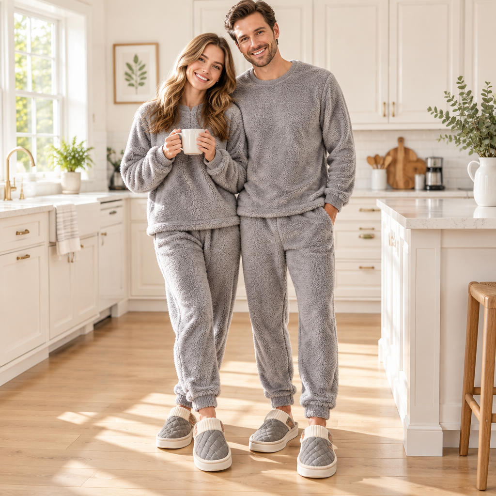A man and a woman standing in a bright, modern kitchen, both wearing matching gray fuzzy long-sleeve sweaters and jogger pants with gray slip-on slippers.
