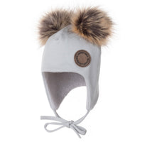 Grey Merino Wool Baby Hat with Faux-Fur Pompoms