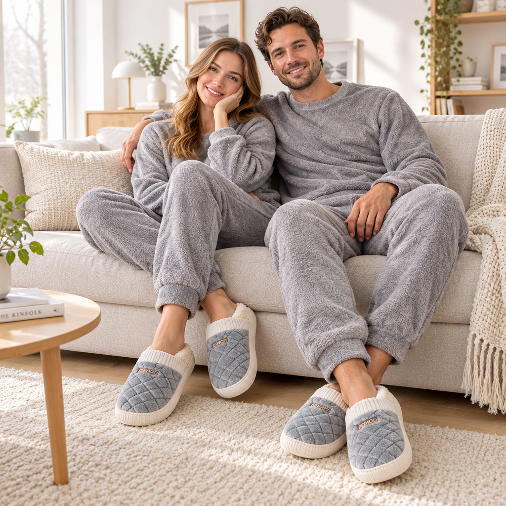A couple sitting together on a light beige couch in a bright living room, wearing matching gray fleece lounge sets and quilted slip-on slippers with white trim.