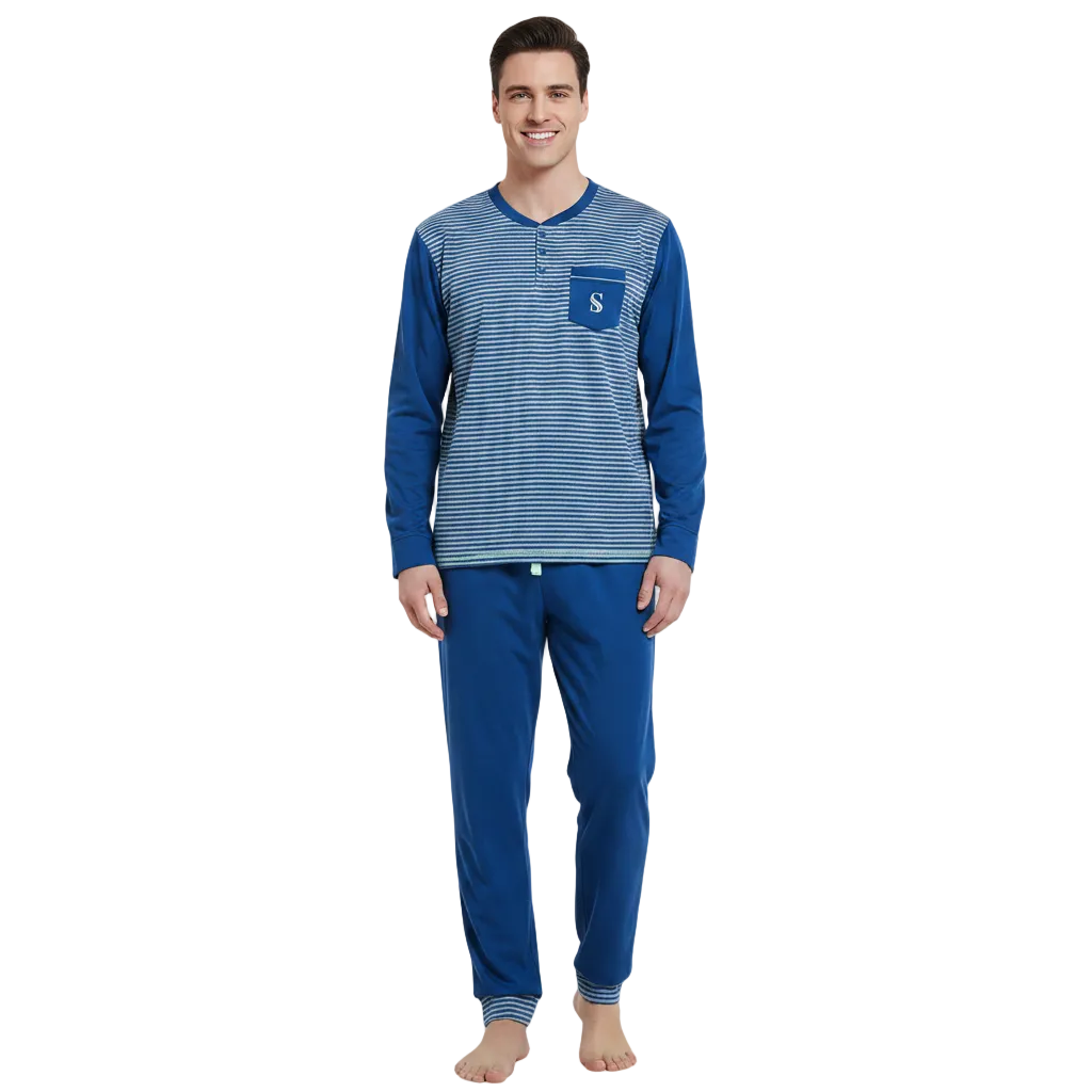 A man modeling a two-piece pajama set consisting of a long-sleeve henley shirt with blue and white horizontal stripes and solid blue sleeves, paired with solid blue pants, against a plain white background.