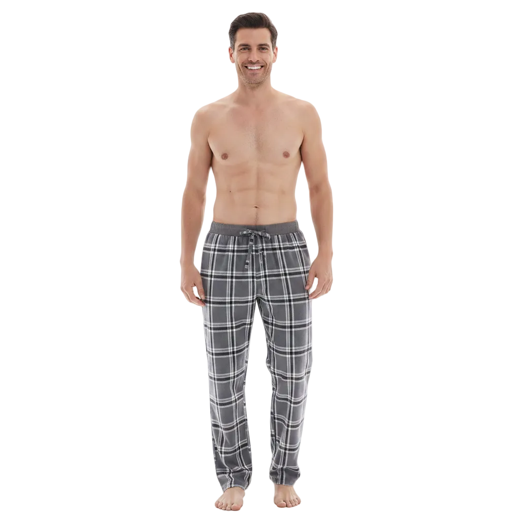 A man modeling gray plaid pajama pants with a white drawstring and snap-button waistband, shown against a plain white background.