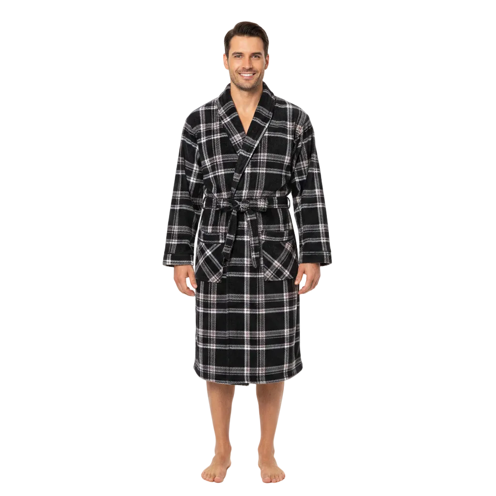 A man wearing a black and white plaid bathrobe with a matching tie belt, standing against a plain white studio background.