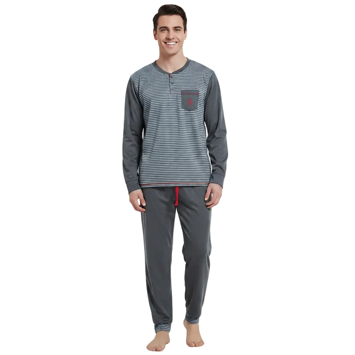 A man modeling a two-piece pajama set consisting of a long-sleeve henley shirt with gray and white horizontal stripes, a chest pocket with a red embroidered logo, and matching gray jogger pants with a red drawstring, set against a plain white background.