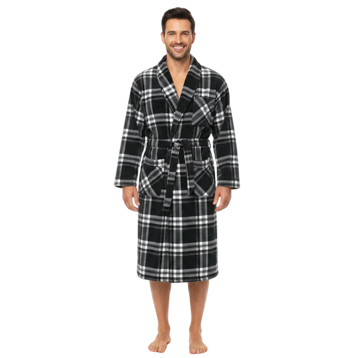 A man wearing a black and white plaid bathrobe, standing against a plain white background.