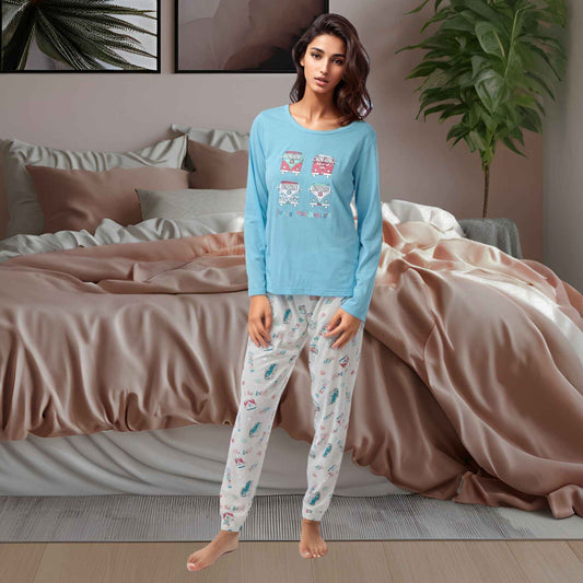 Women's Pyjamas Long Sleeved Loungewear Nightwear in blue and coral - SaneShoppe