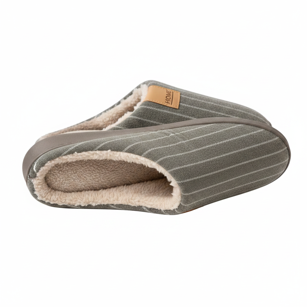 A pair of slip-on slippers with a gray pinstripe exterior, a soft beige sherpa lining, and a small tan brand patch on the side.
