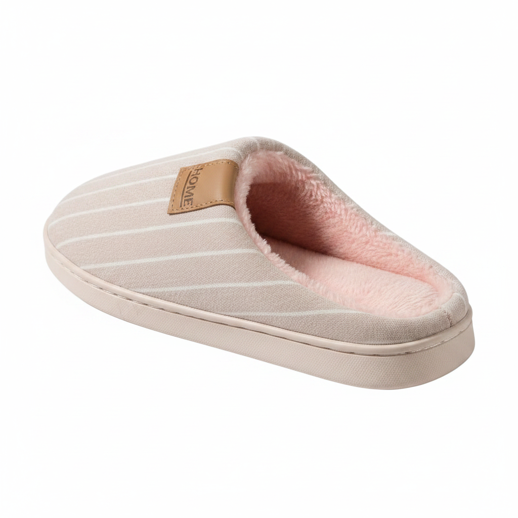 A single slip-on mule house slipper shown from a three-quarters angle on a white background. The slipper features a light beige fabric upper with thin white stripes, a soft pink fleece lining, and a tan faux-leather brand patch on the side.