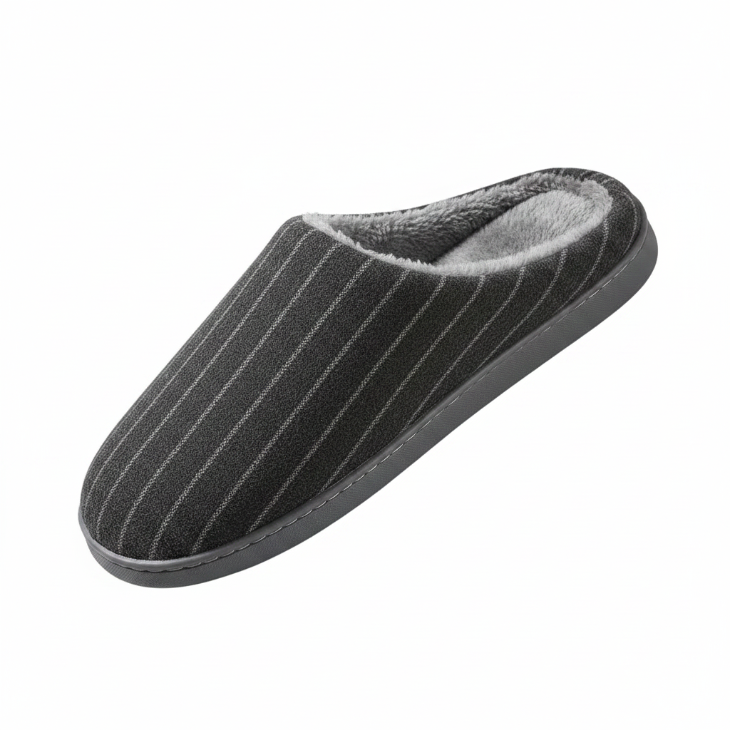 A single dark gray slip-on house slipper with thin white vertical pinstripes, a plush gray interior lining, and a dark gray sole, shown on a plain white background.