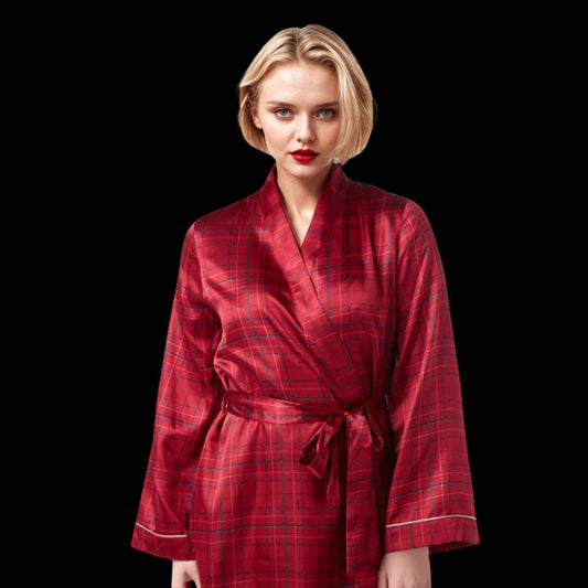 Womens Satin Dressing Gown, Kimono Bathrobe Navy Red Check