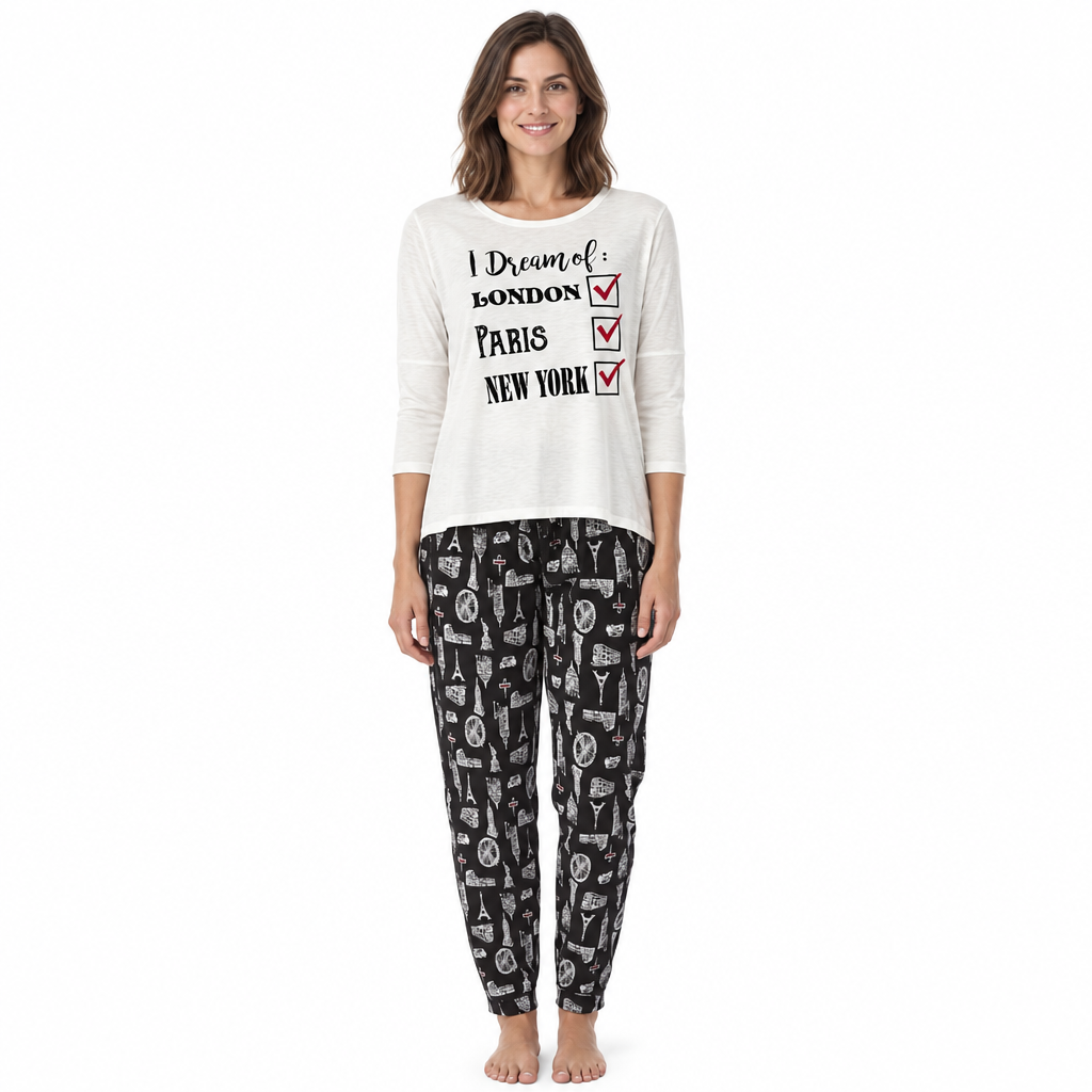 Women’s City Break Pyjama Set with Printed Trousers