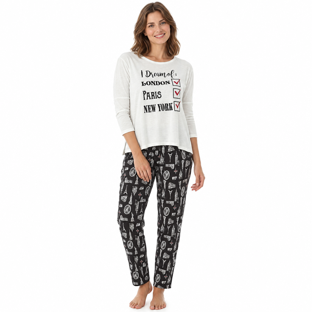 Women’s City Break Pyjama Set with Printed Trousers