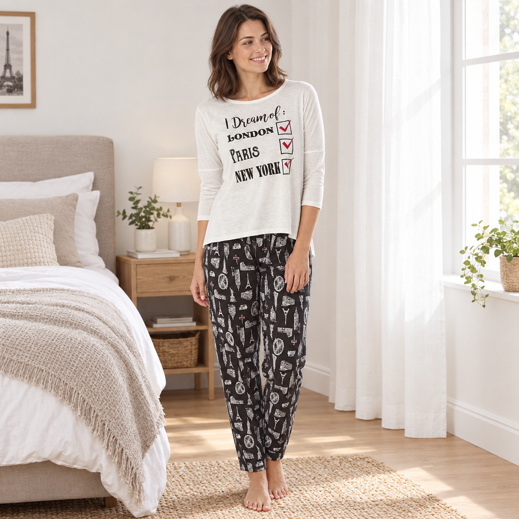 Women’s City Break Pyjama Set with Printed Trousers