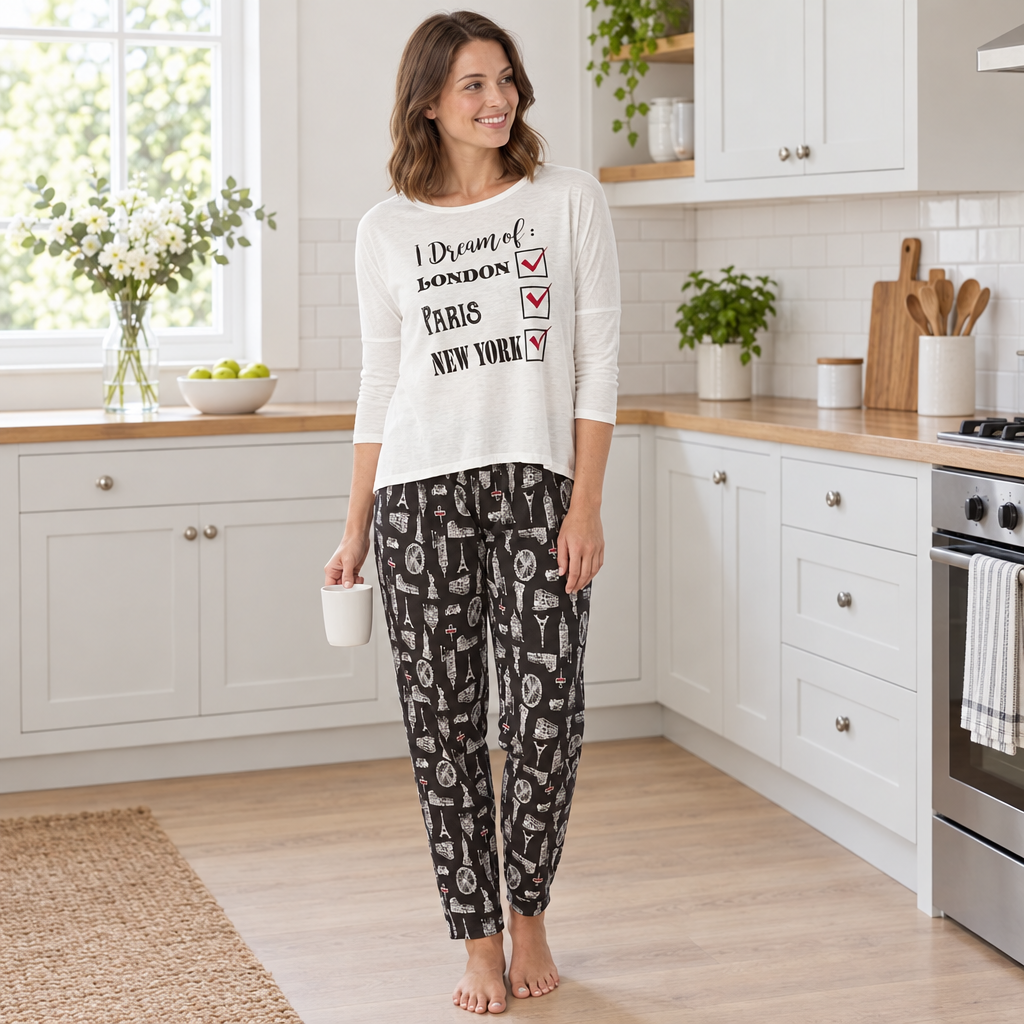 Women’s City Break Pyjama Set with Printed Trousers