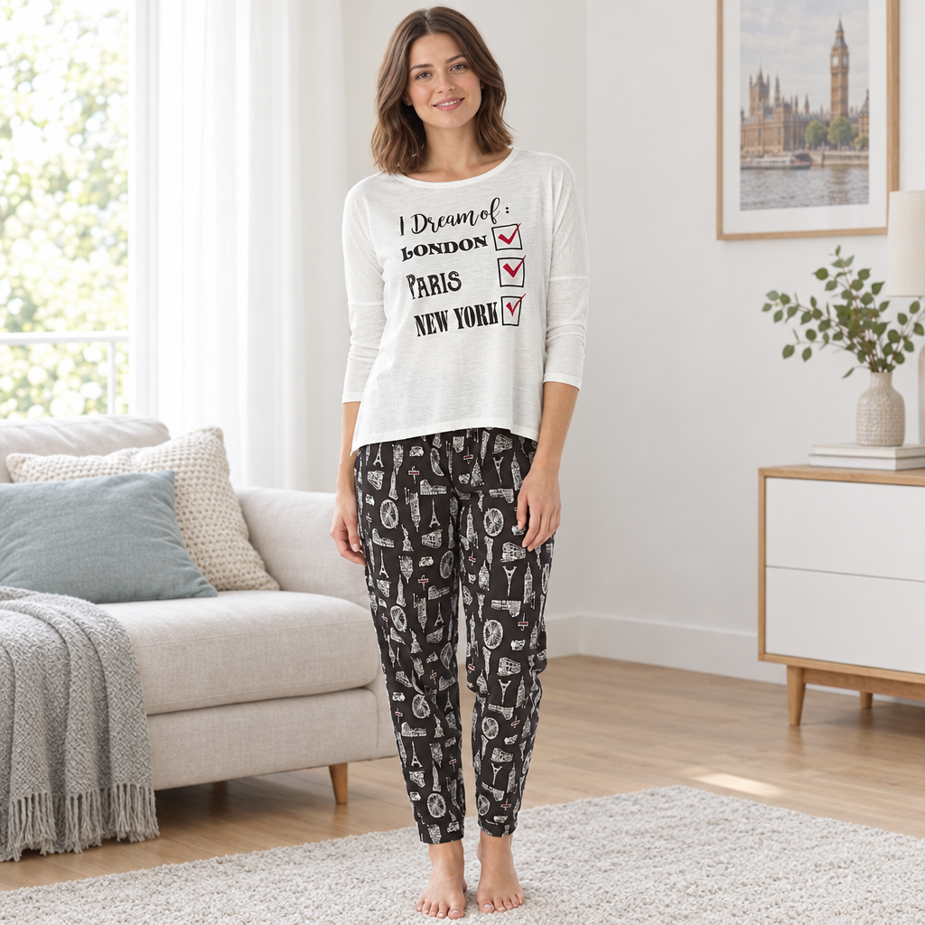 Women’s City Break Pyjama Set with Printed Trousers