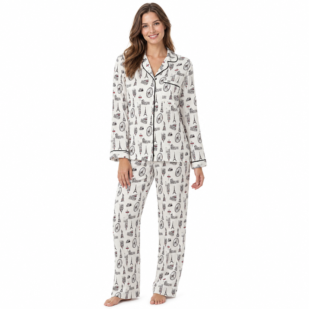 Women’s Satin Pyjamas Long Sleeve Nightwear Loungewear Set City Print