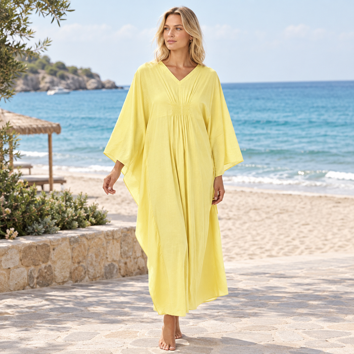Women's Cotton Kaftan Lounger in Lemon Yellow - One Size