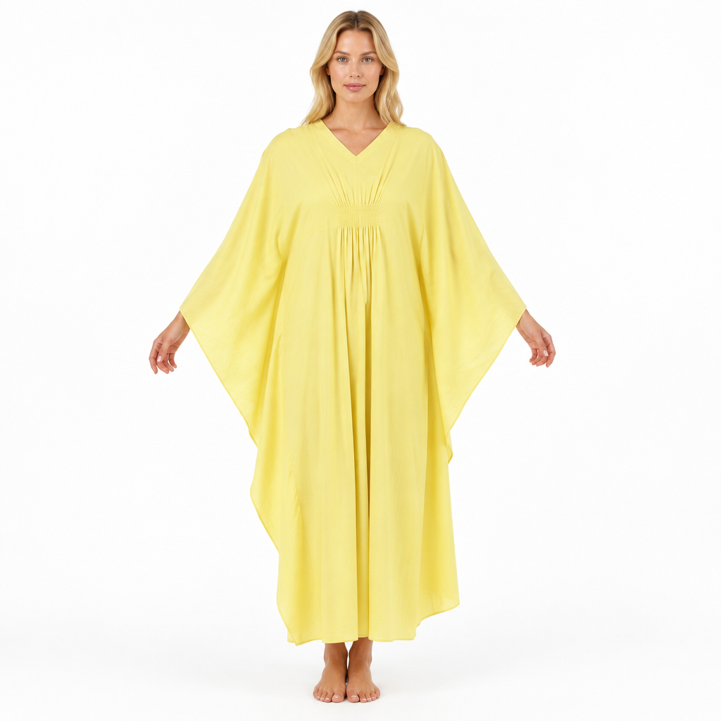 Women's Cotton Kaftan Lounger in Lemon Yellow - One Size