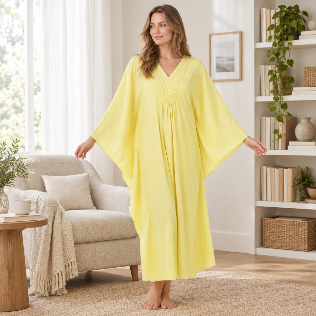 Women's Cotton Kaftan Lounger in Lemon Yellow - One Size