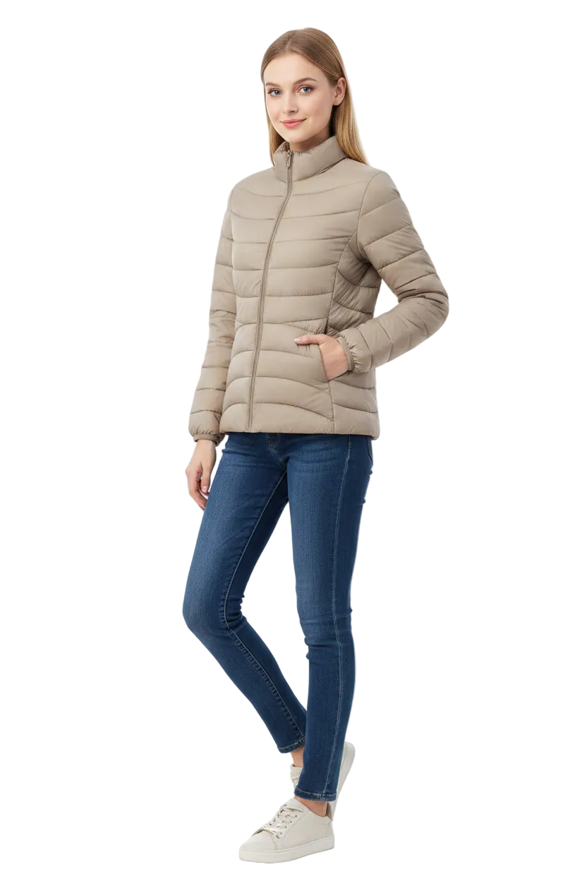 A woman modeling a light beige puffer jacket, paired with dark blue skinny jeans and white sneakers, against a plain white studio background.