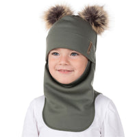 Khaki Green Merino Wool Double Pom-Pom Balaclava