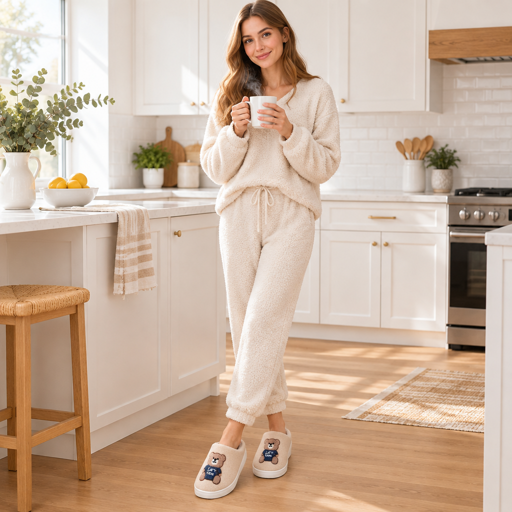 Step into Comfort with Cartoon Bear Woolen Slippers for Women