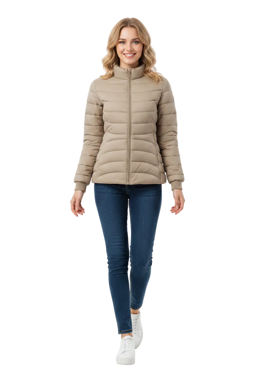 A woman modeling a light beige puffer jacket, paired with dark blue skinny jeans and white sneakers, against a plain white studio background.