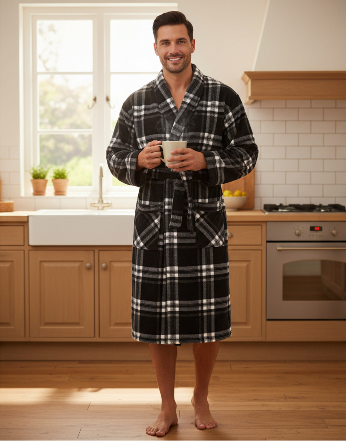 A man standing in a bright kitchen wearing a black, white, and gray plaid bathrobe and holding a white mug.