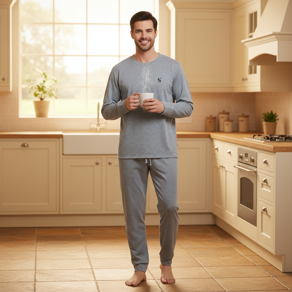 A man wearing a gray long-sleeve pajama set stands barefoot in a bright, modern kitchen, holding a white mug. The set includes a crewneck top with a small embroidered letter 'S' on the left chest and matching drawstring pants.