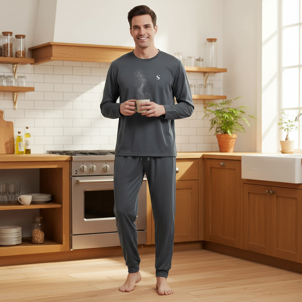 A man stands barefoot in a bright kitchen wearing a dark gray long-sleeve pajama set with matching pants. The pajama top has a small white embroidered logo on the left chest, and the set has a subtle steam graphic on the chest.