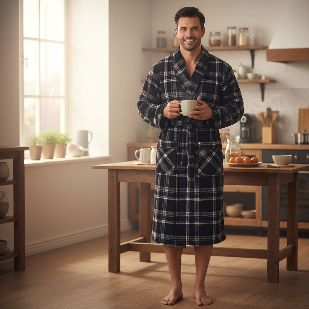 A man stands barefoot in a bright kitchen wearing a dark navy and white plaid bathrobe and holding a white mug.