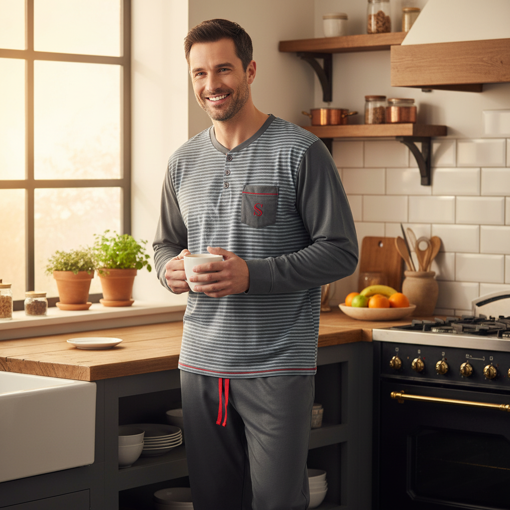 A man wearing a gray and white striped long-sleeve henley pajama shirt with matching gray pants stands in a bright, modern kitchen holding a white mug.