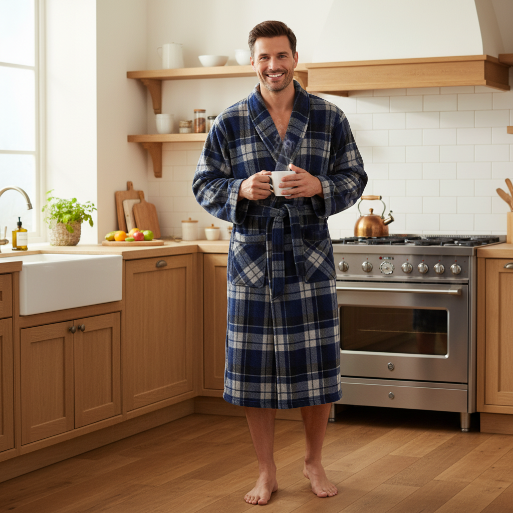 A man wearing a blue and white plaid bathrobe stands barefoot in a bright, modern kitchen, holding a white mug.