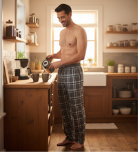 A shirtless man in a warm, rustic kitchen wearing dark gray and white plaid pajama pants, pouring water from a kettle into a mug on a wooden counter.