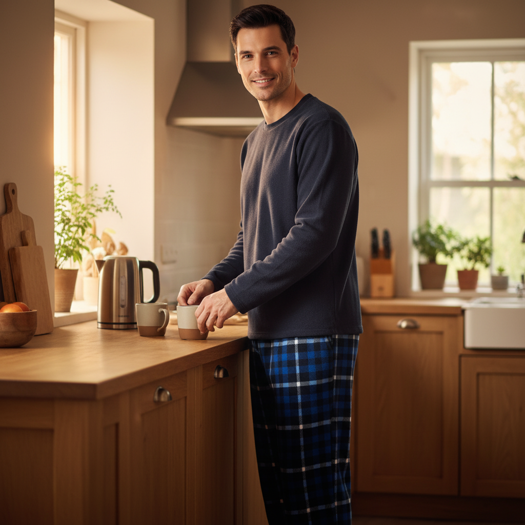 A man in a kitchen wearing a dark gray long-sleeve shirt and blue plaid pajama pants, standing near a wooden countertop with mugs and a kettle.