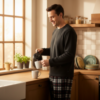 A man in a cozy kitchen setting wearing a dark charcoal long-sleeve crewneck shirt and plaid pajama pants, pouring hot water from a black kettle into a white mug.