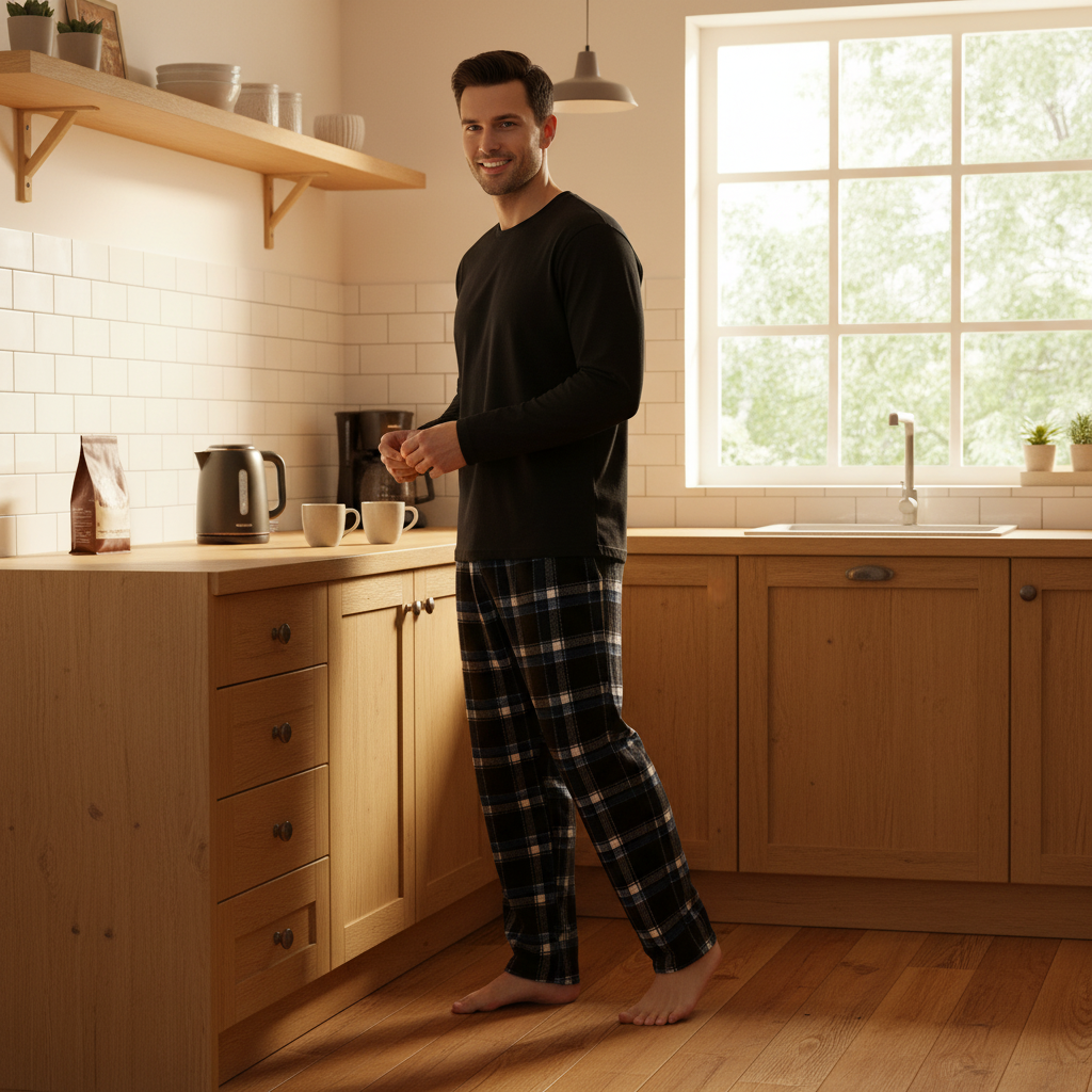 A man wearing a black long-sleeve shirt and black plaid pajama pants stands barefoot in a warm, sunlit kitchen with light wood cabinets and white subway tile.