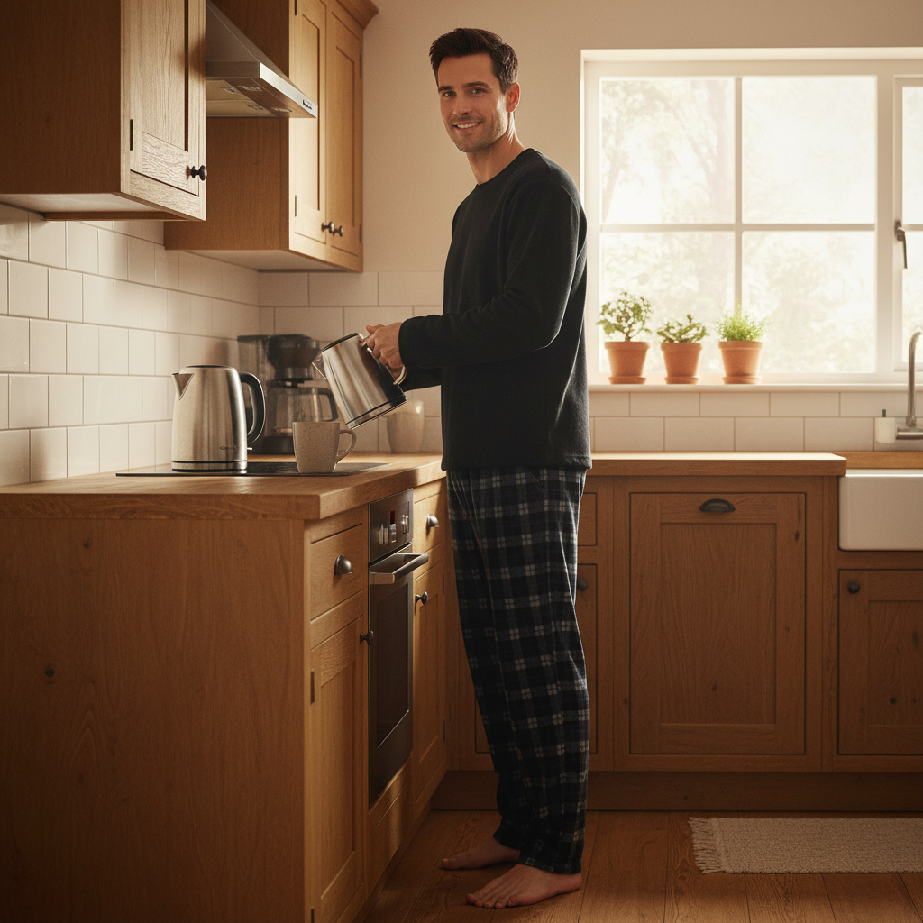 A man in a dark long-sleeve shirt and plaid pajama pants stands barefoot in a warm, sunlit kitchen, holding a metal pitcher near the stove.