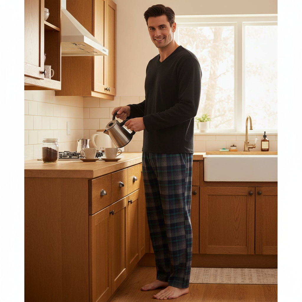 A man in a kitchen wearing a black long-sleeve shirt and green plaid pajama pants, pouring hot water from a kettle to a cup on the counter.