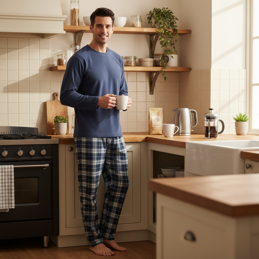 A man stands barefoot in a bright kitchen wearing a navy blue long-sleeve shirt and blue plaid pajama pants, holding a white mug.