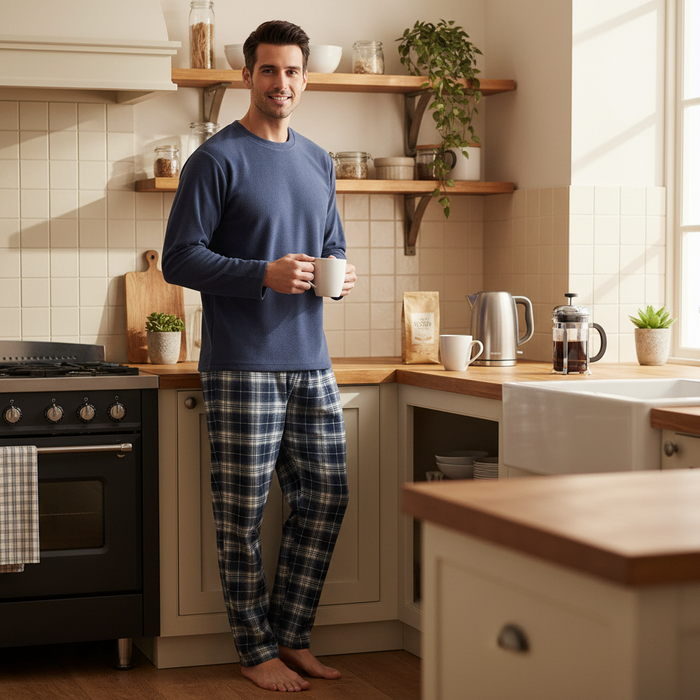 A man stands barefoot in a bright kitchen wearing a navy blue long-sleeve shirt and blue plaid pajama pants, holding a white mug.