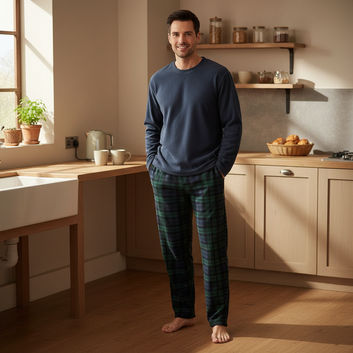 A man stands barefoot in a warm, sunlit kitchen wearing a navy blue long-sleeve shirt and dark green plaid pajama pants.
