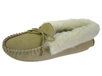 Ladies Real Suede Leather Moccasin Slipper, Wool Collar and Lining - SaneShoppe