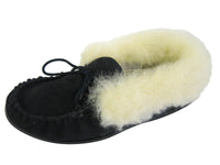 Ladies Real Suede Leather Moccasin Slipper, Wool Collar and Lining - SaneShoppe