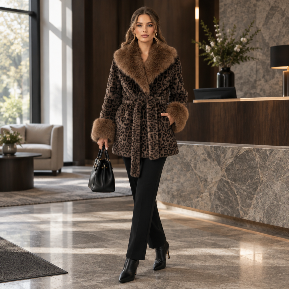 Elevate Your Style with Our Luxe Faux Fur Leopard-Print Coat