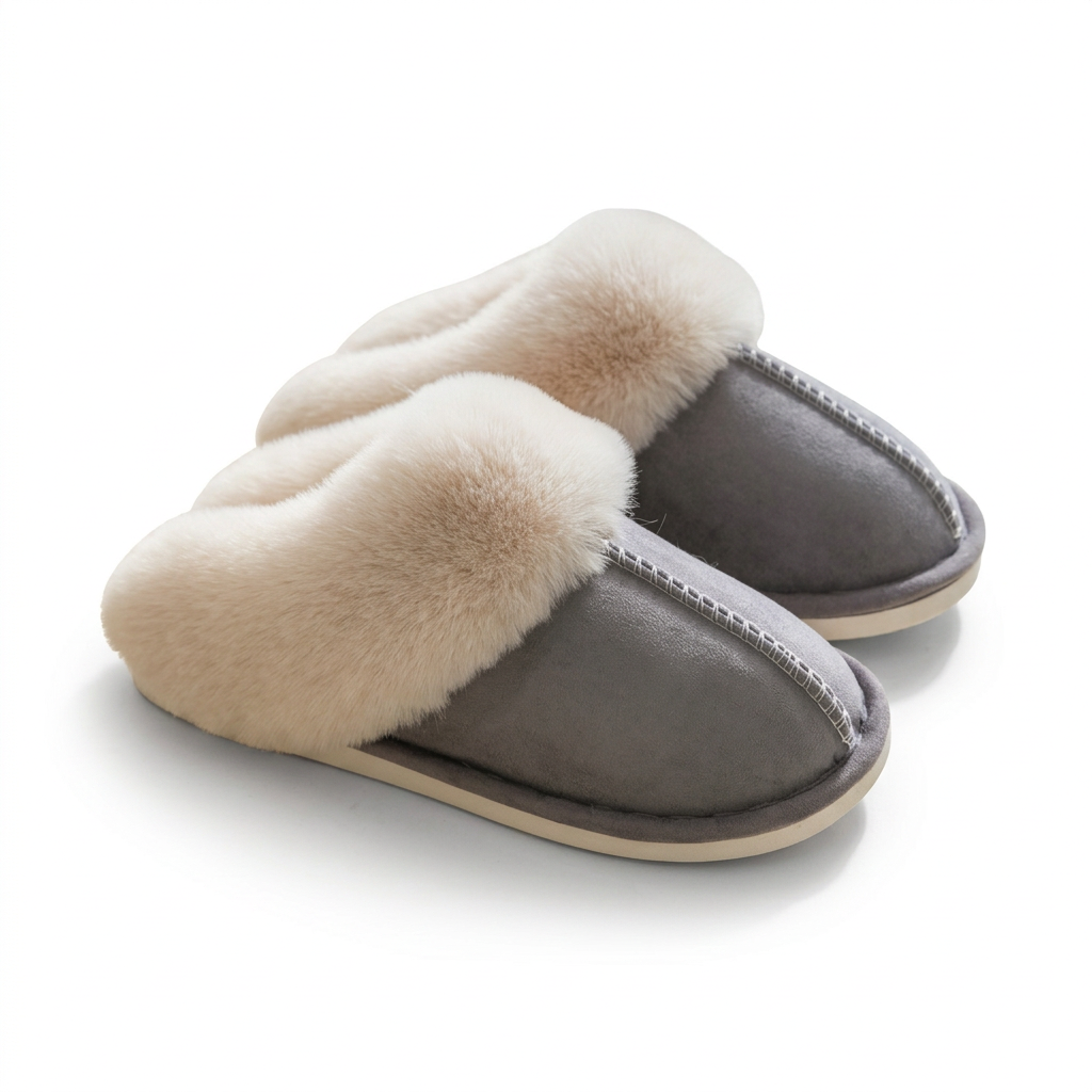 A pair of slip-on slippers with a smooth gray suede-like upper and thick cream faux-fur trim around the opening, shown on a clean white background.
