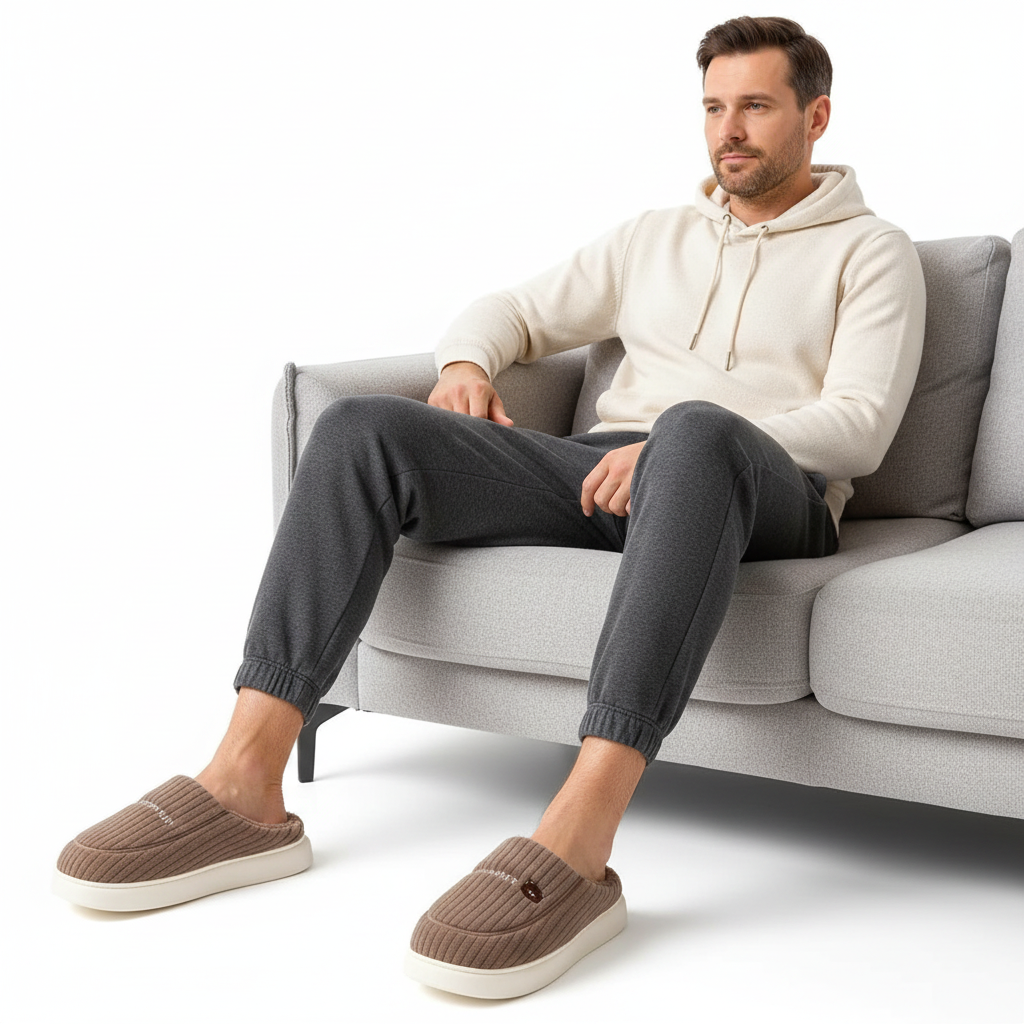 A man sits on a light gray sofa wearing a cream hoodie, dark gray jogger pants, and brown slip-on slippers with white soles against a clean white studio background.